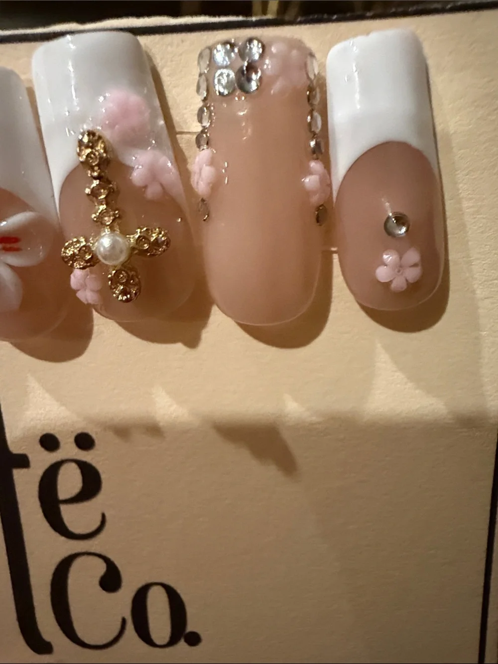Nude & White French tip 3D Floral handmade acrylic Press-On Nail